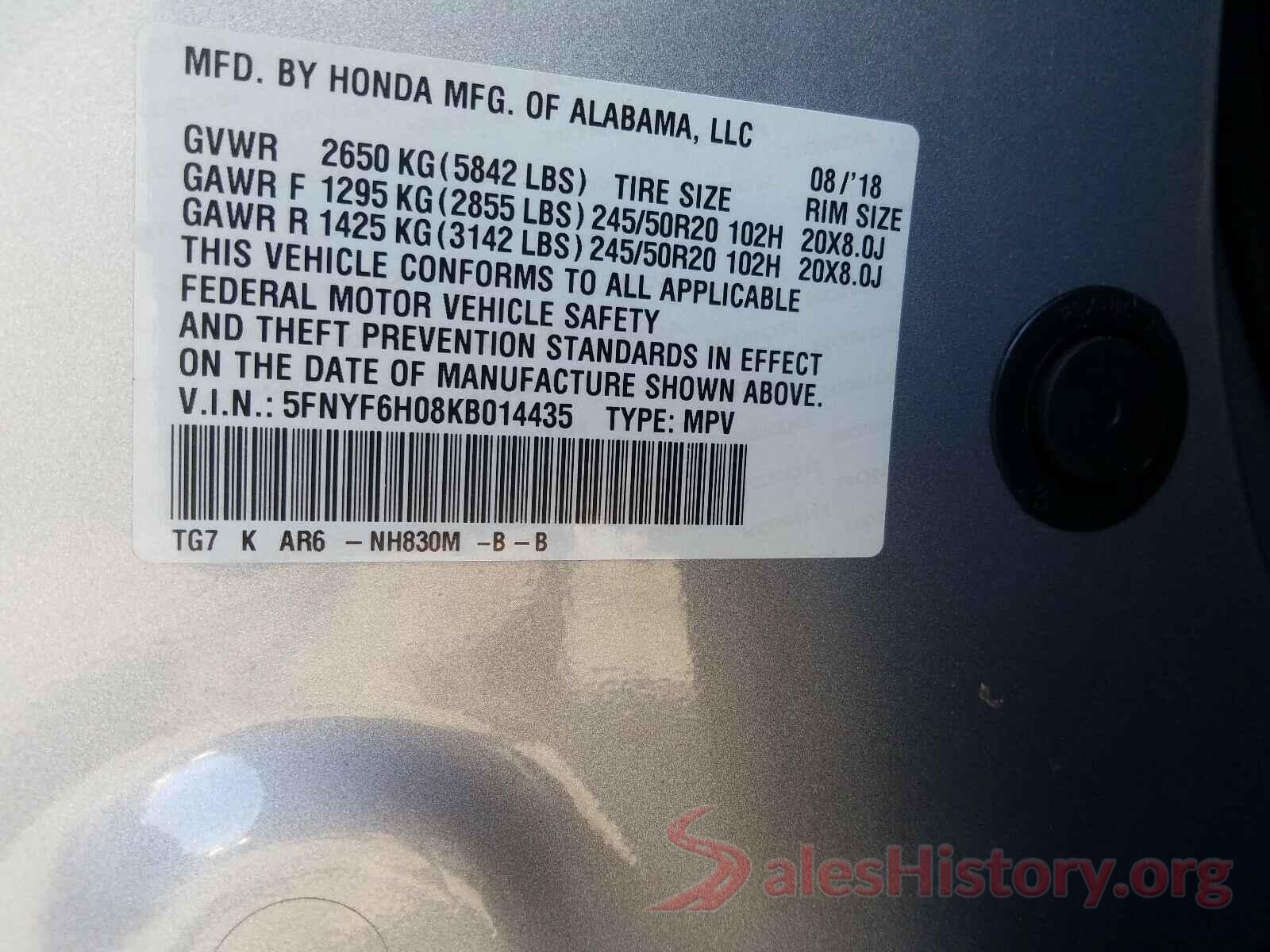 5FNYF6H08KB014435 2019 HONDA PILOT