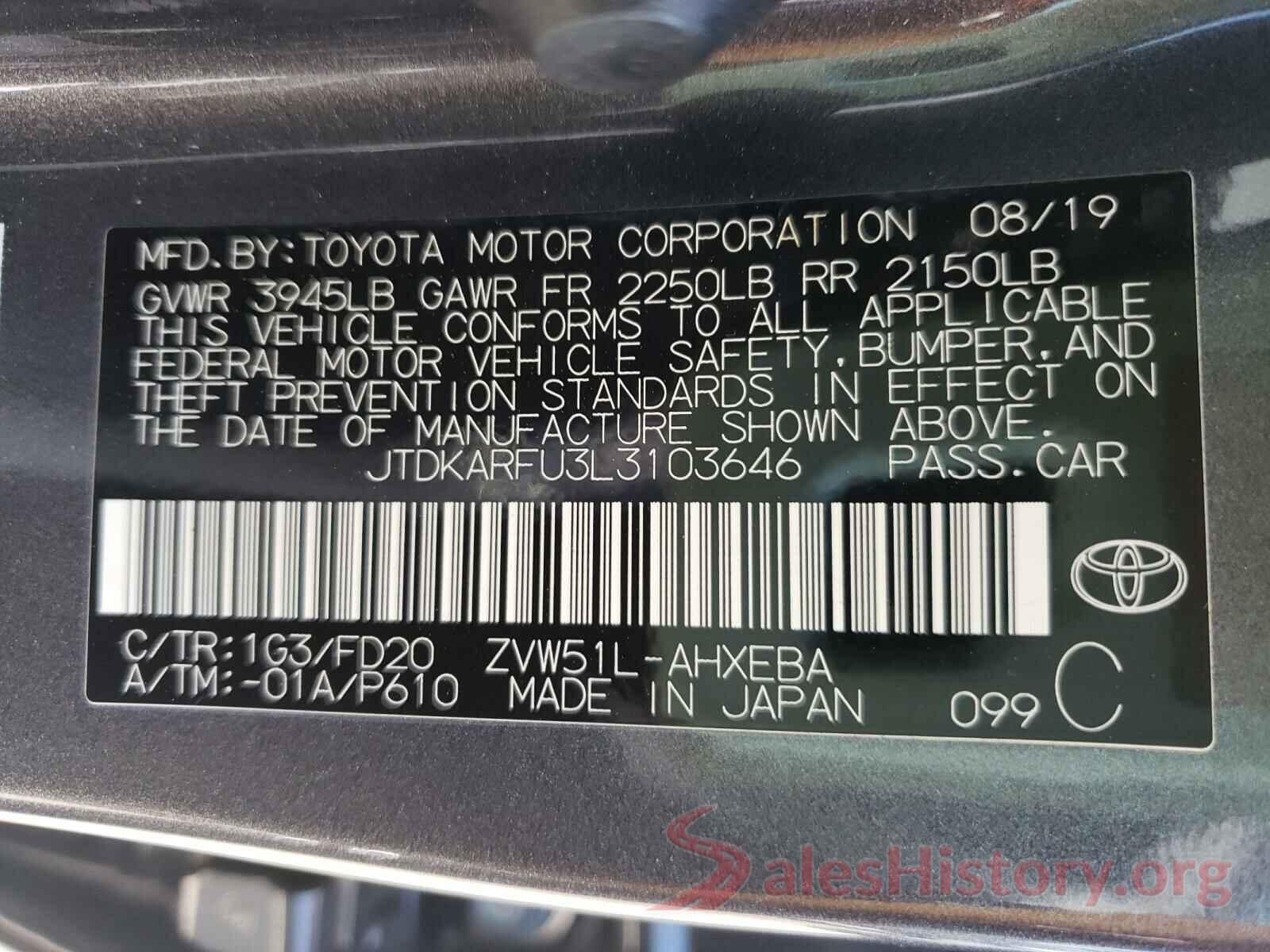 JTDKARFU3L3103646 2020 TOYOTA PRIUS