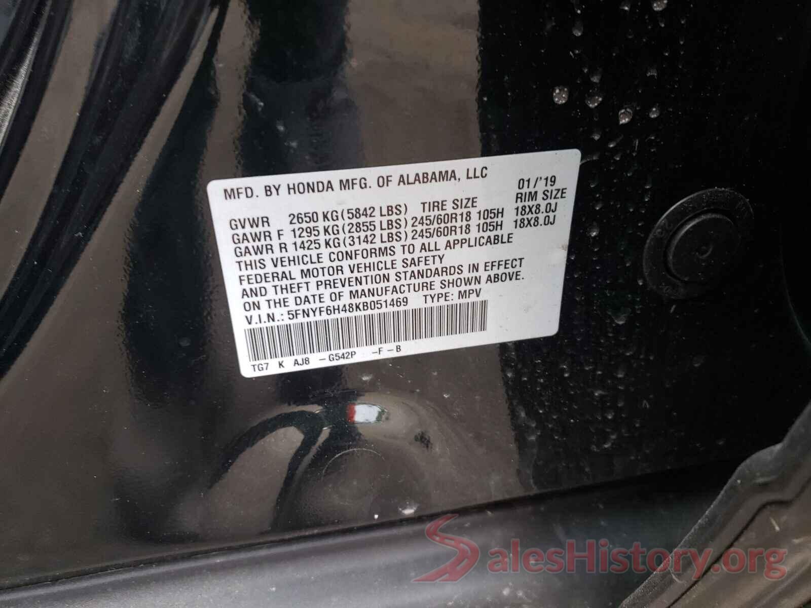 5FNYF6H48KB051469 2019 HONDA PILOT