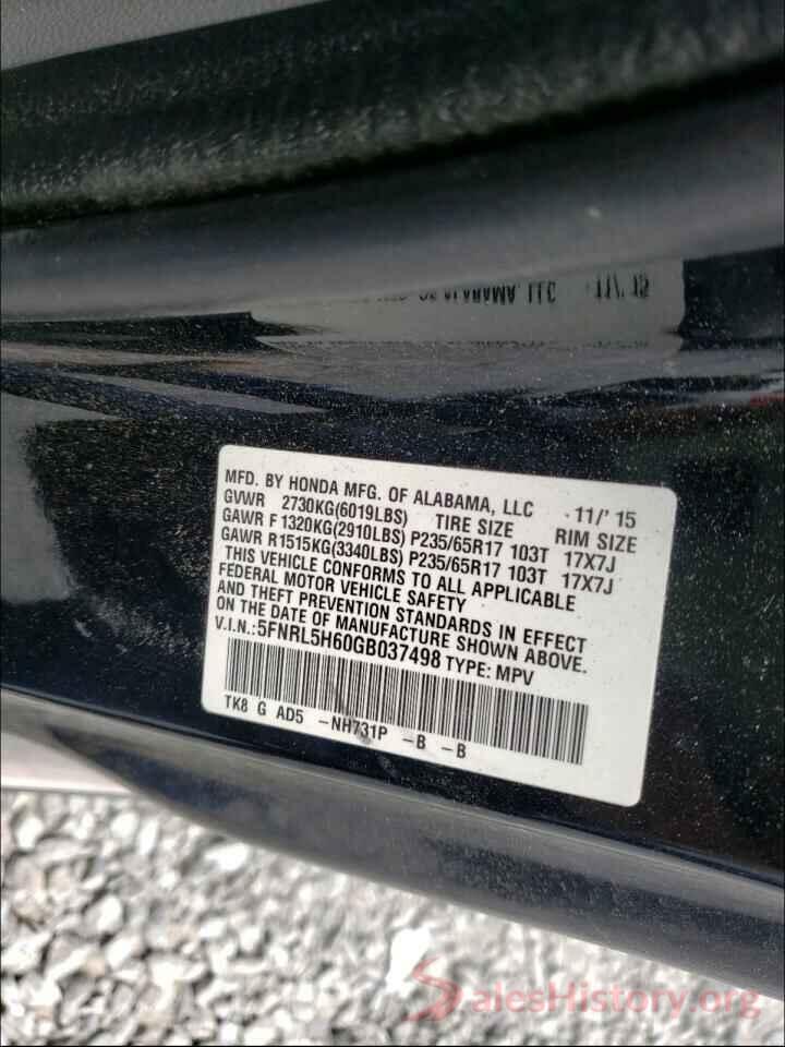 5FNRL5H60GB037498 2016 HONDA ODYSSEY