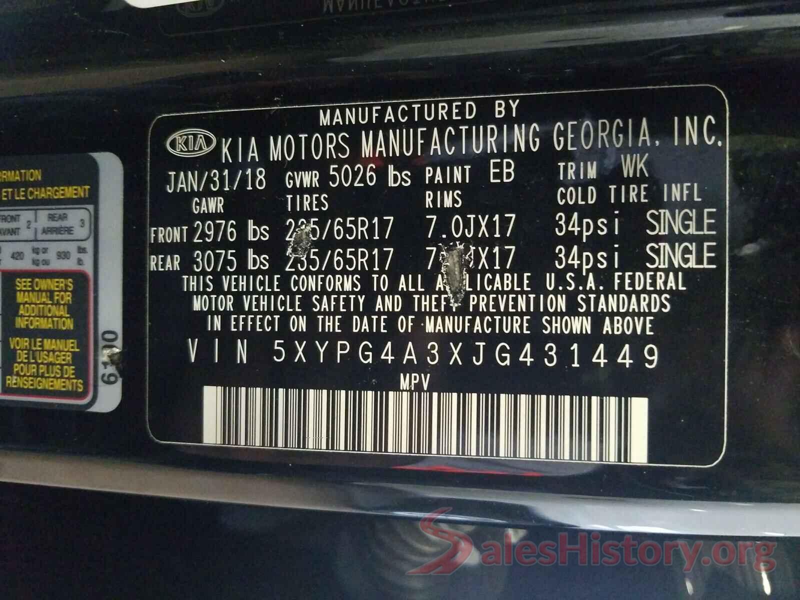 5XYPG4A3XJG431449 2018 KIA SORENTO