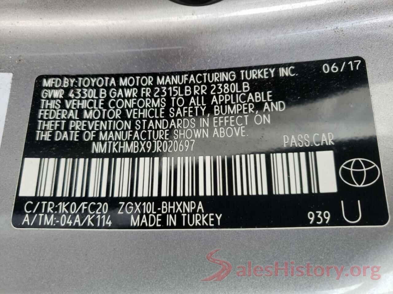 NMTKHMBX9JR020697 2018 TOYOTA C-HR