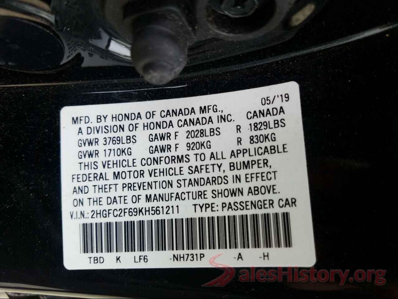 2HGFC2F69KH561211 2019 HONDA CIVIC