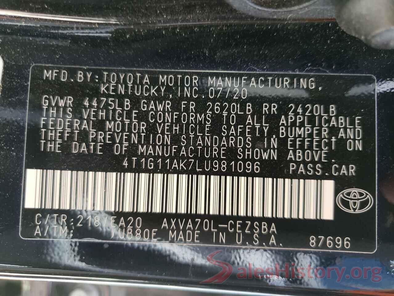 4T1G11AK7LU981096 2020 TOYOTA CAMRY