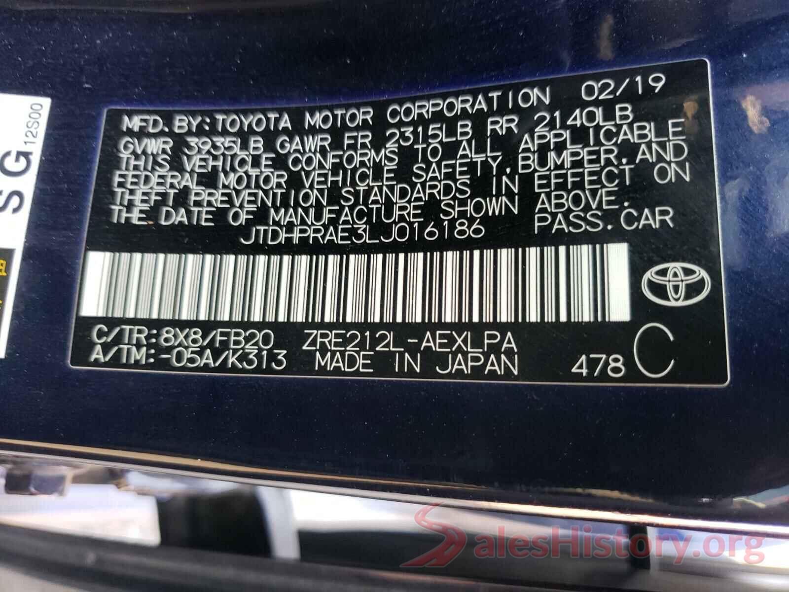 JTDHPRAE3LJ016186 2020 TOYOTA COROLLA