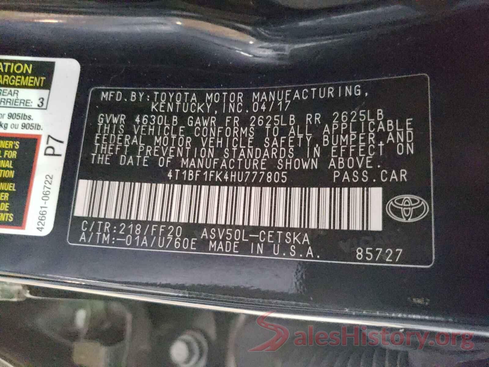 4T1BF1FK4HU777805 2017 TOYOTA CAMRY