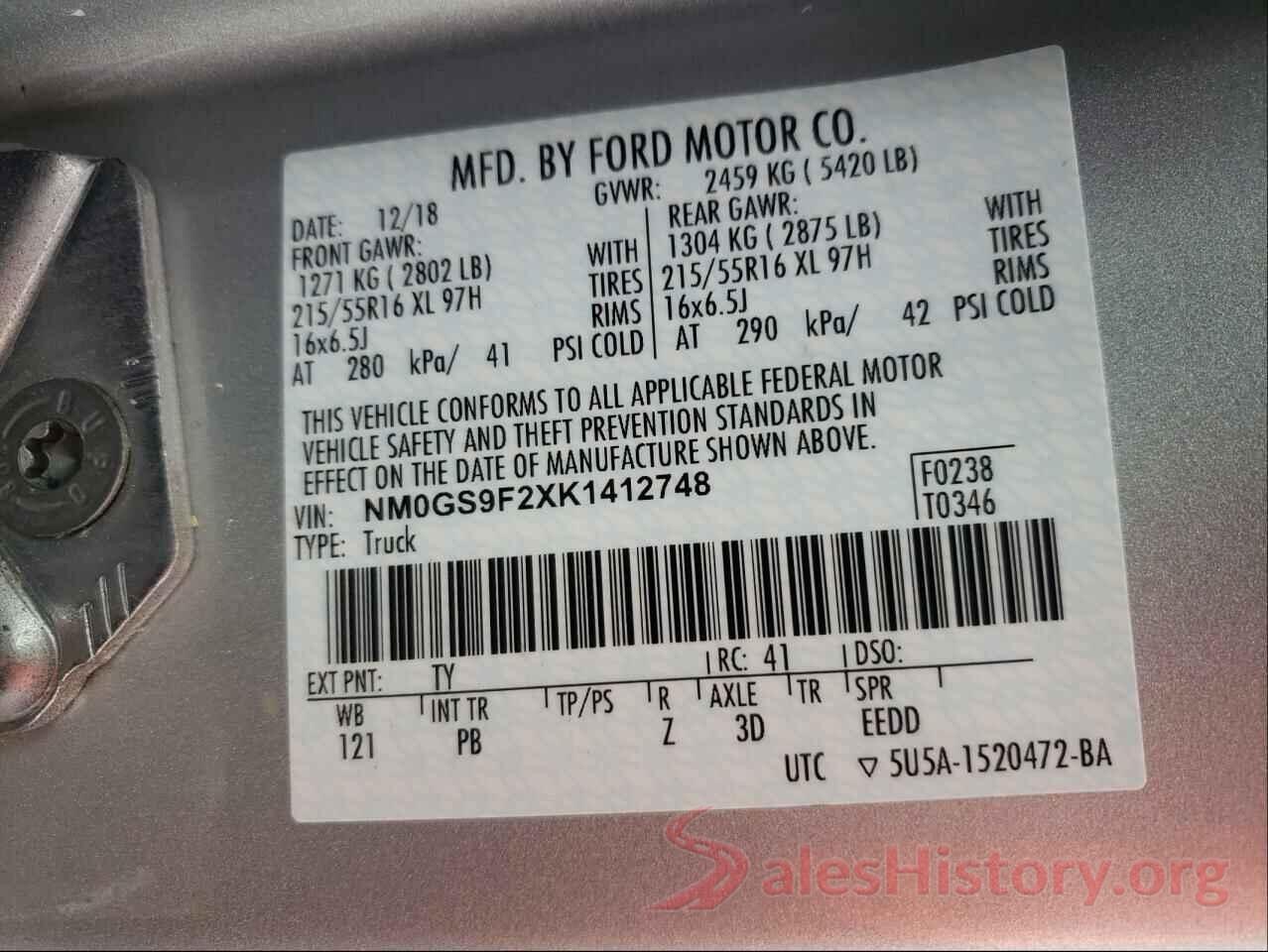 NM0GS9F2XK1412748 2019 FORD TRANSIT CO