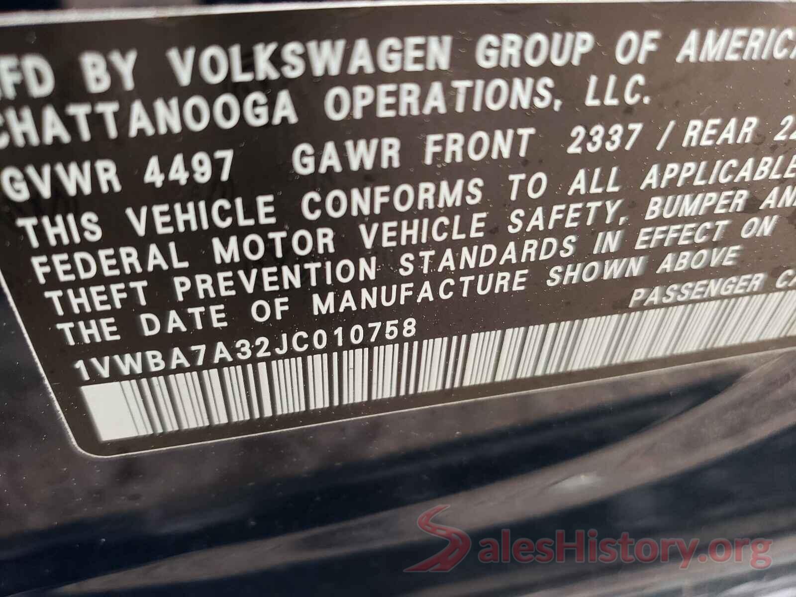 1VWBA7A32JC010758 2018 VOLKSWAGEN PASSAT