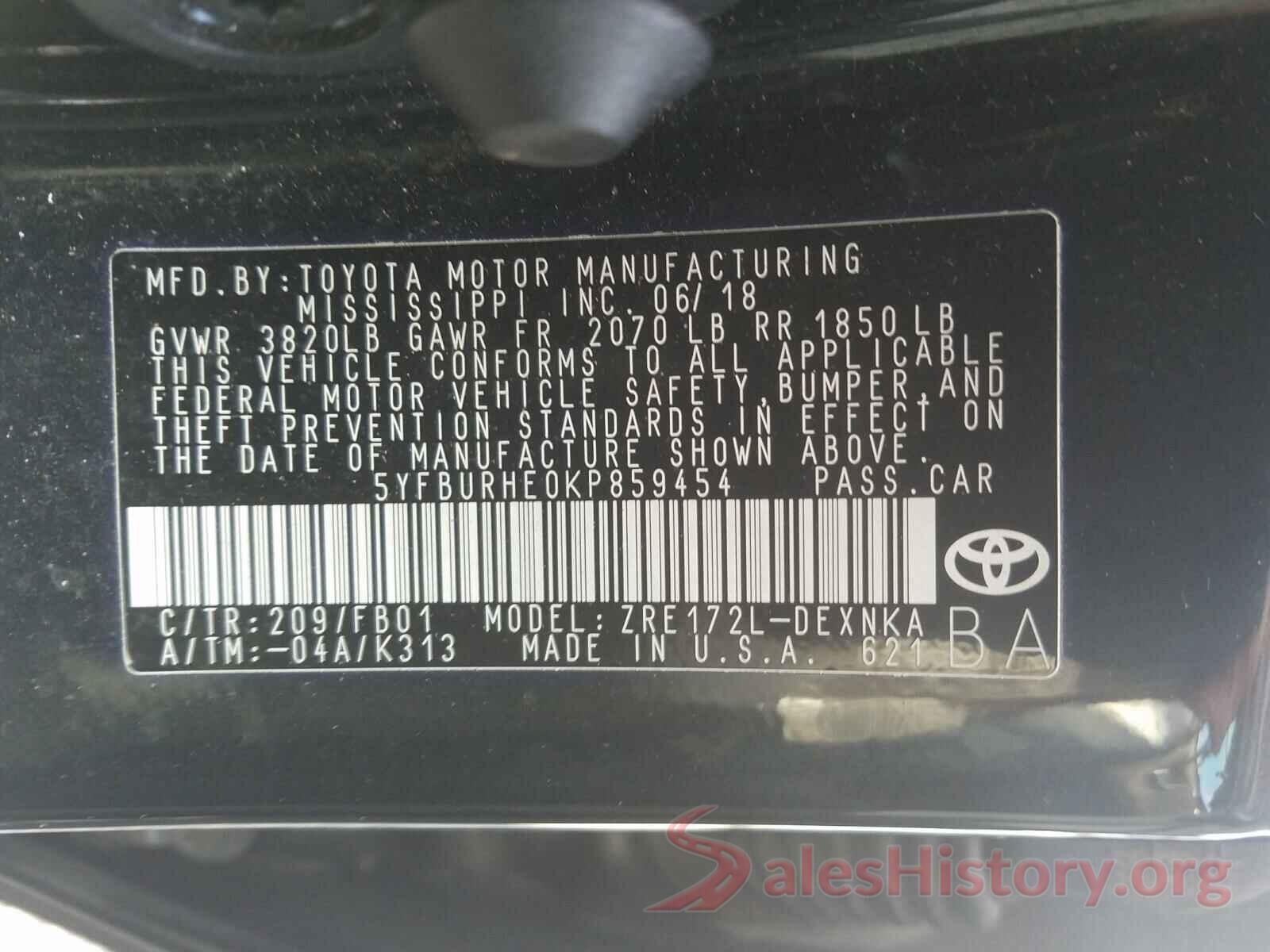 5YFBURHE0KP859454 2019 TOYOTA COROLLA