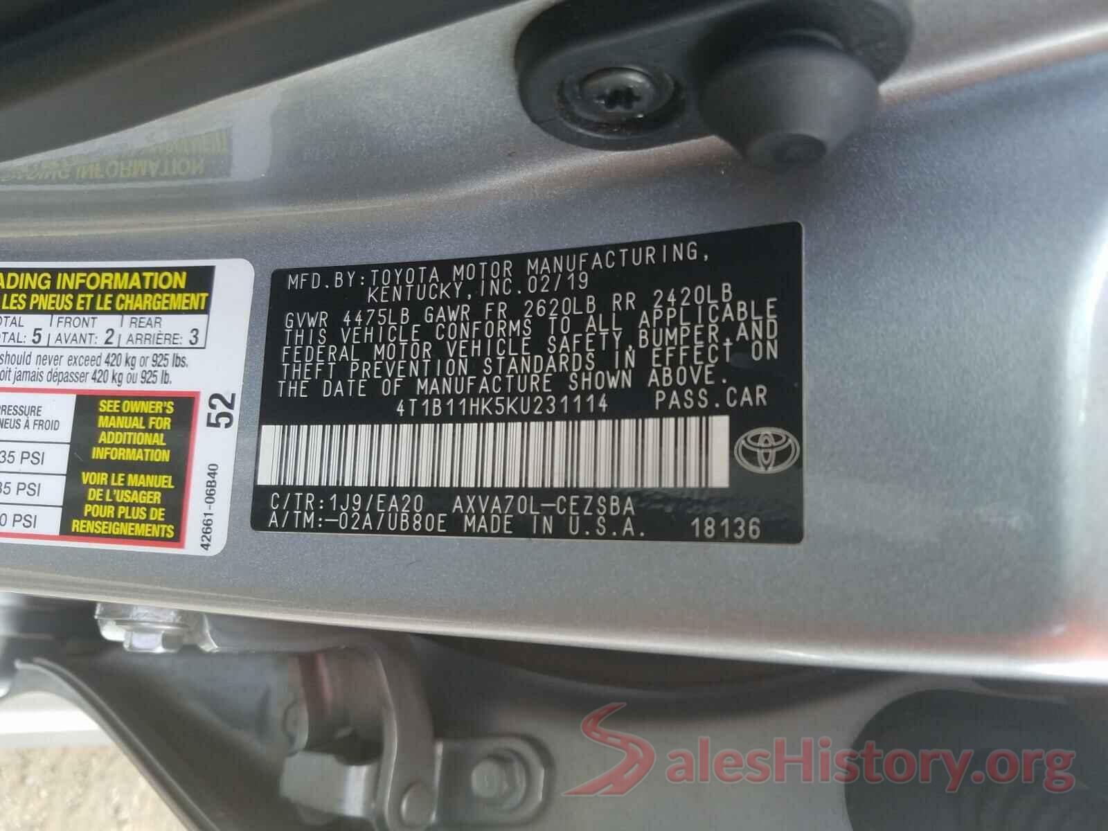 4T1B11HK5KU231114 2019 TOYOTA CAMRY