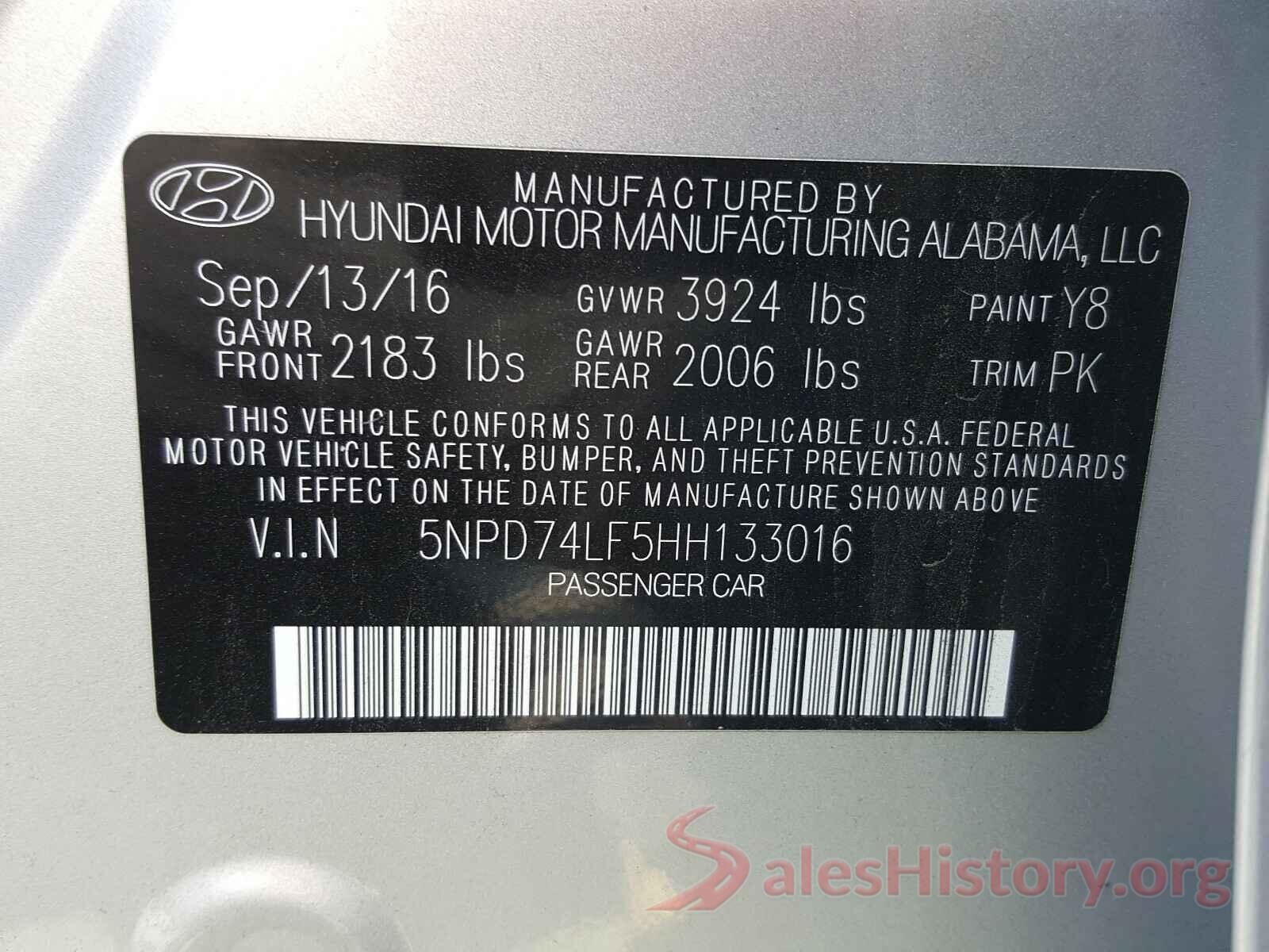 5NPD74LF5HH133016 2017 HYUNDAI ELANTRA