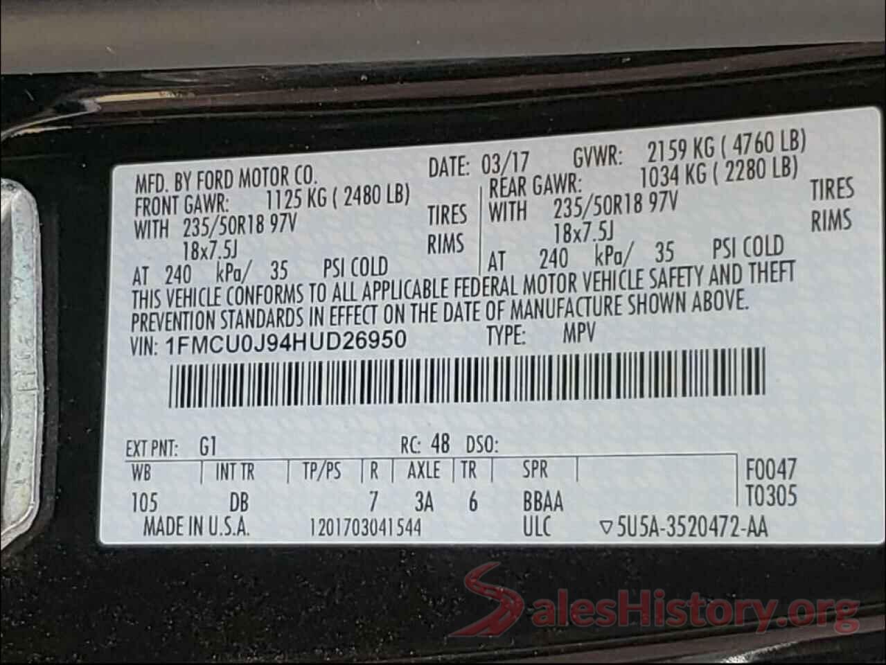 1FMCU0J94HUD26950 2017 FORD ESCAPE