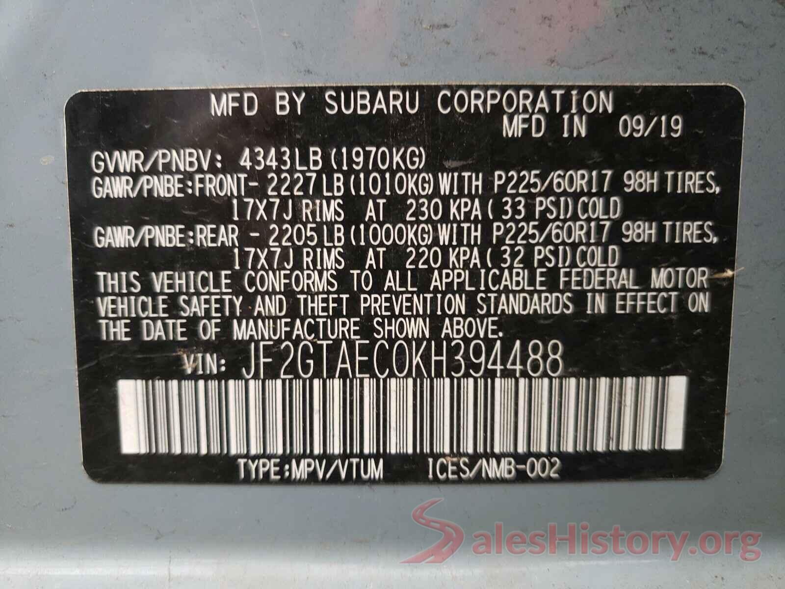 JF2GTAEC0KH394488 2019 SUBARU CROSSTREK