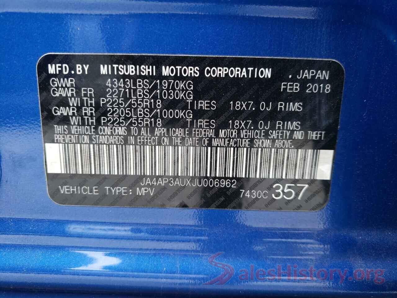 JA4AP3AUXJU006962 2018 MITSUBISHI OUTLANDER