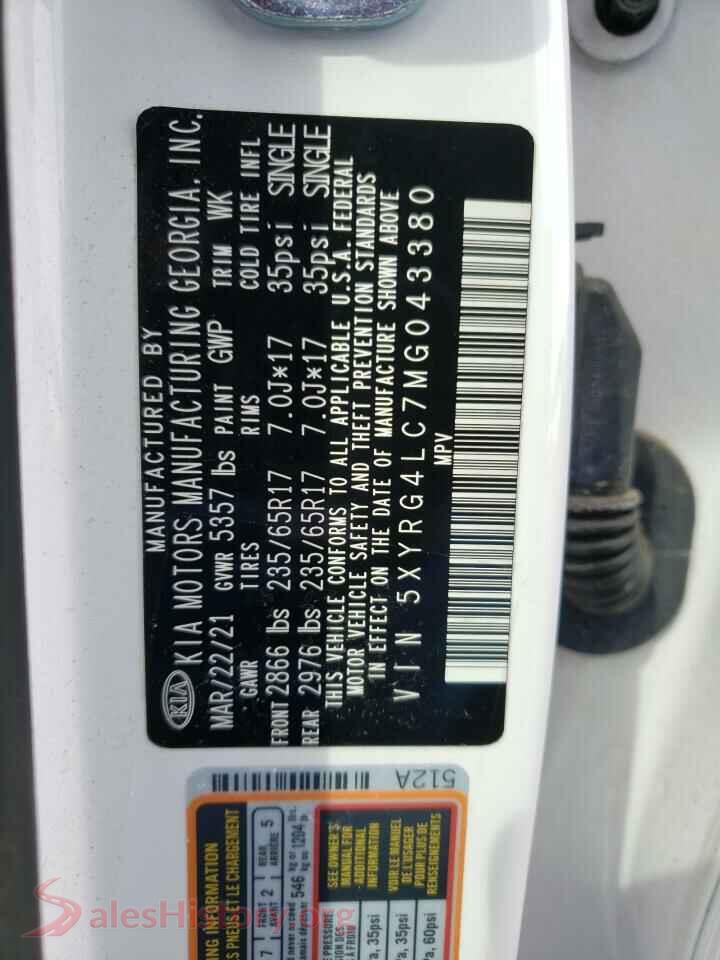 2021 KIA SORENTO VIN 5XYRG4LC7MG043380, trunk area