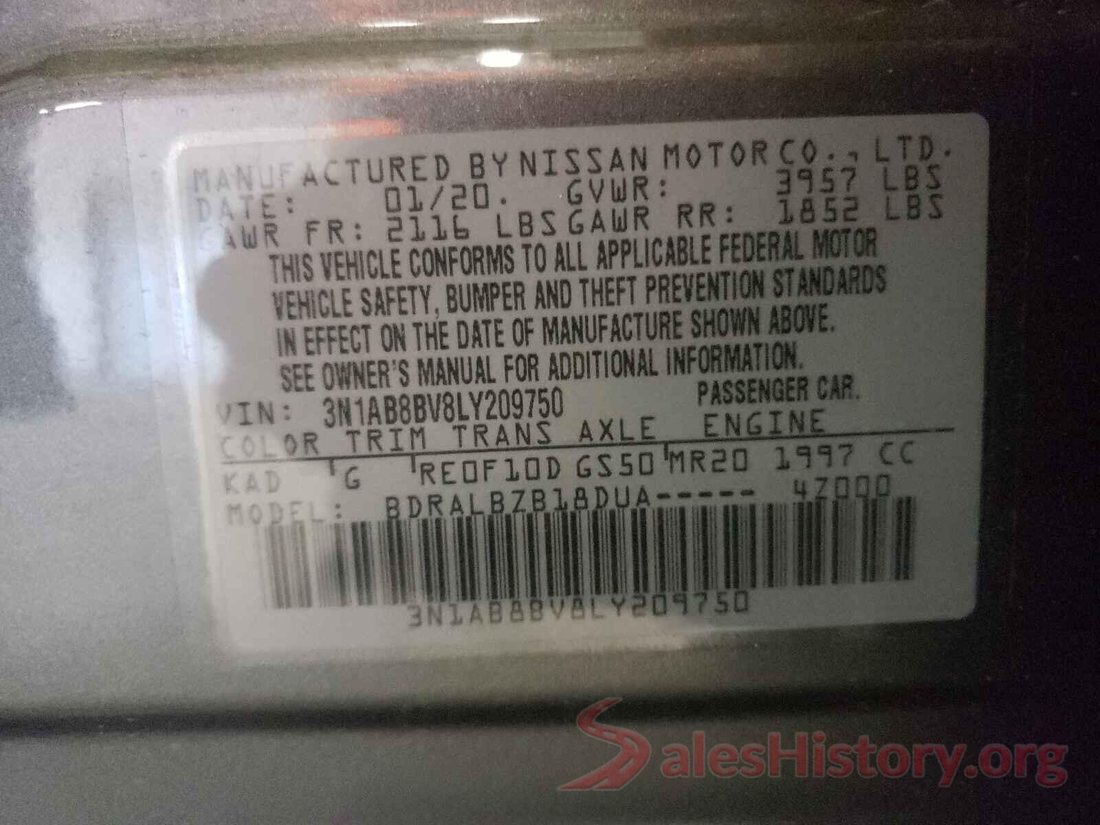 3N1AB8BV8LY209750 2020 NISSAN SENTRA