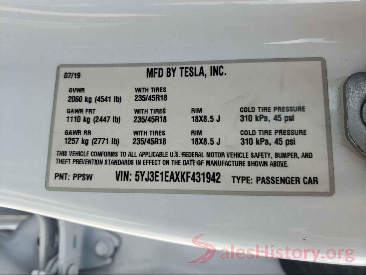 5YJ3E1EAXKF431942 2019 TESLA MODEL 3