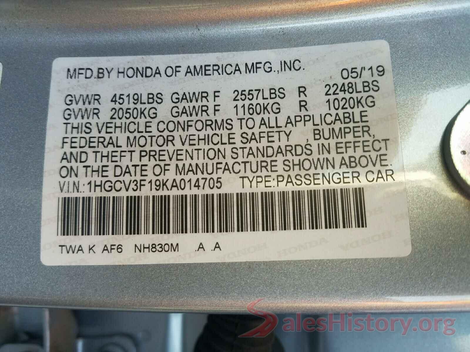 1HGCV3F19KA014705 2019 HONDA ACCORD