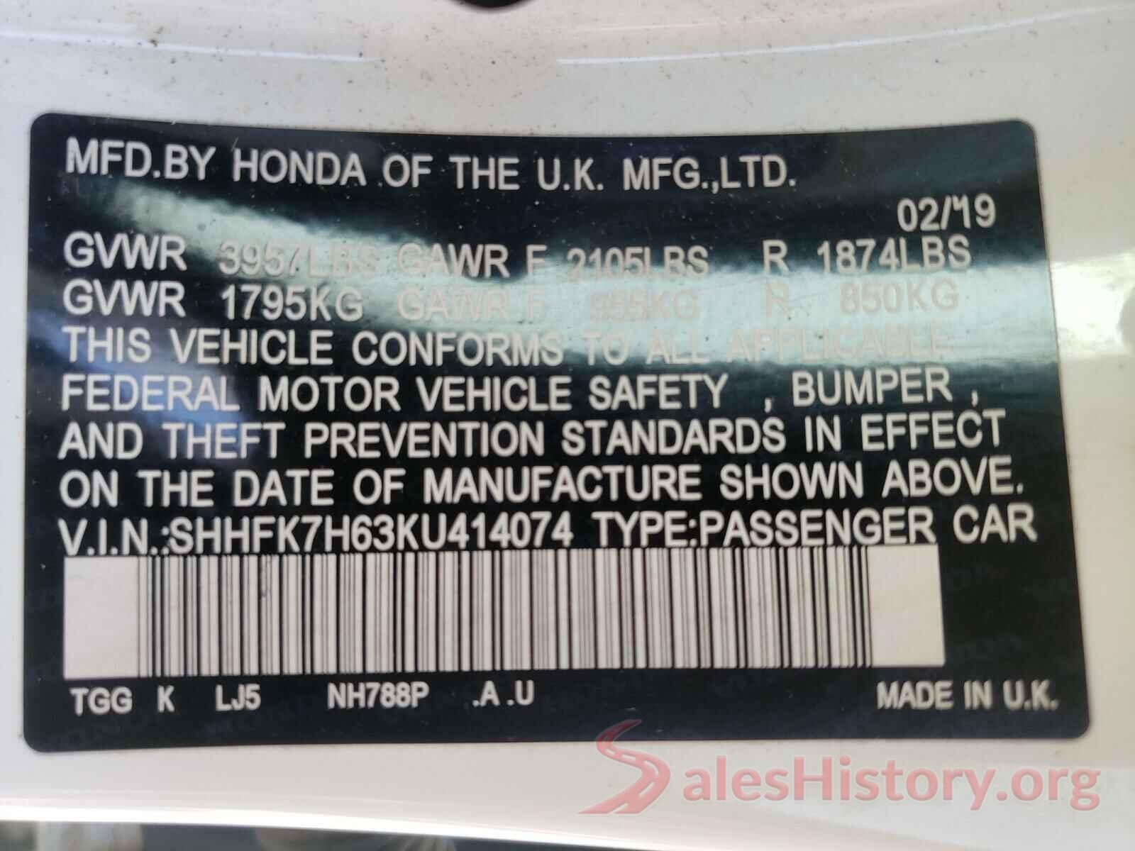 SHHFK7H63KU414074 2019 HONDA CIVIC