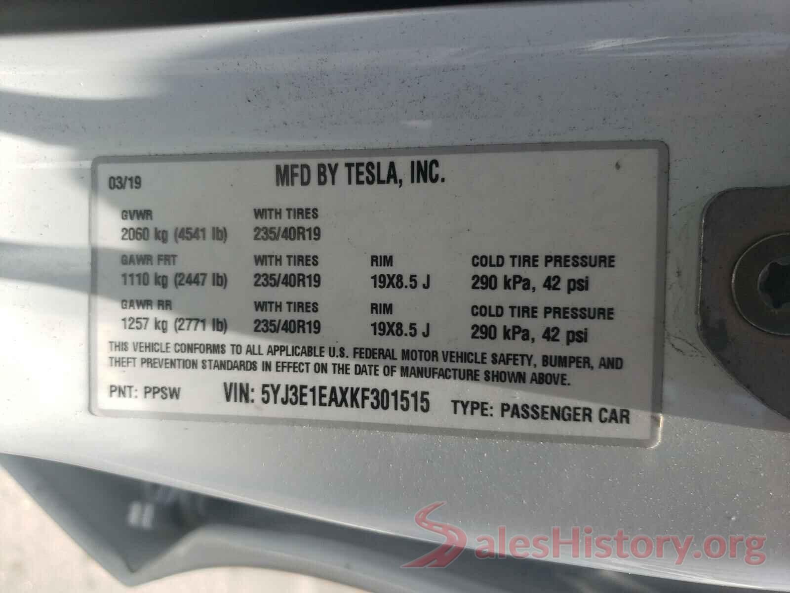 5YJ3E1EAXKF301515 2019 TESLA MODEL 3