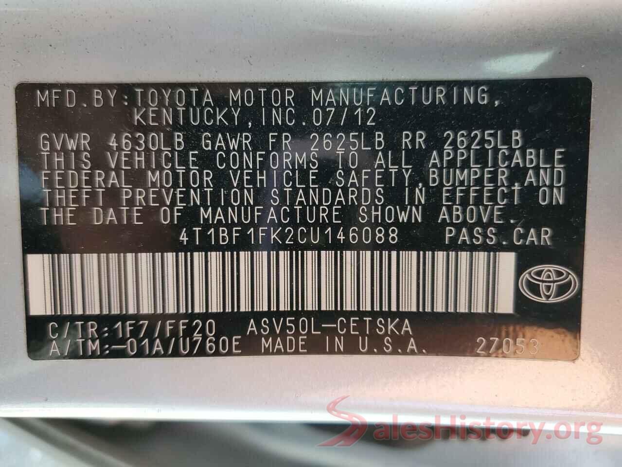 4T1BF1FK2CU146088 2012 TOYOTA CAMRY