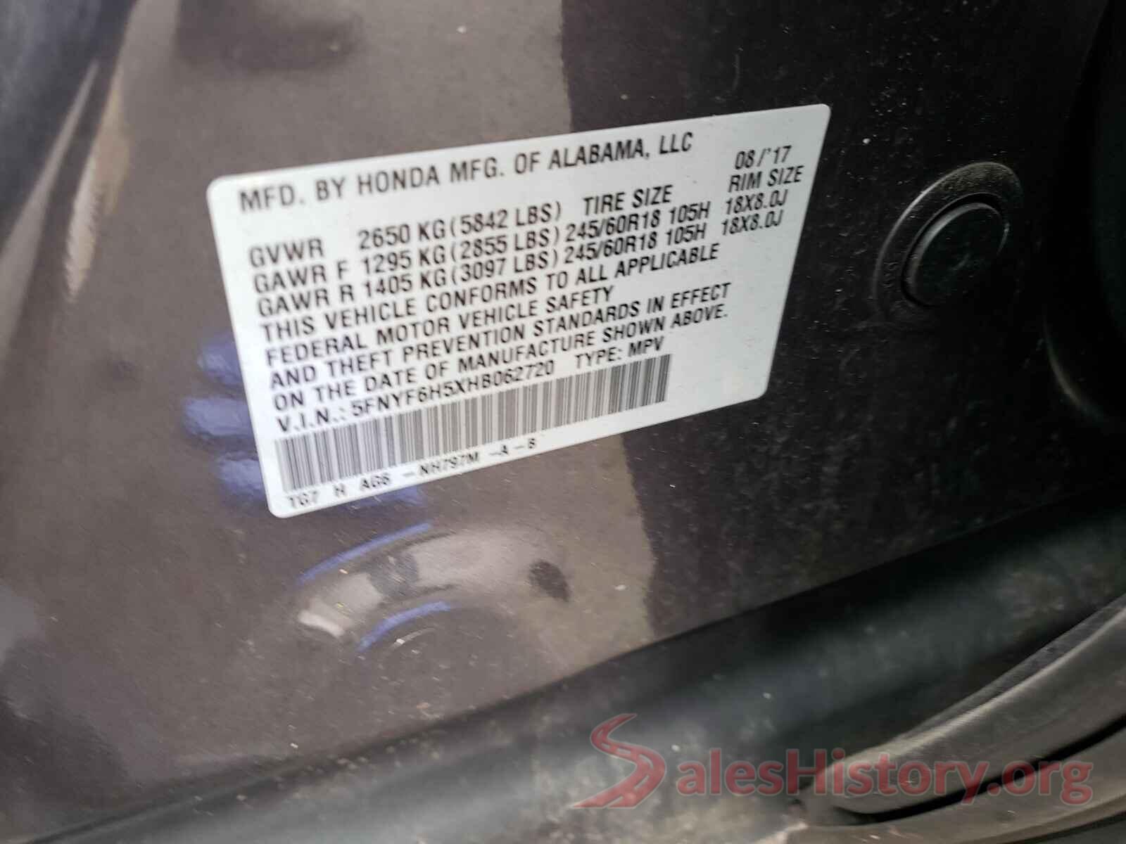 5FNYF6H5XHB062720 2017 HONDA PILOT