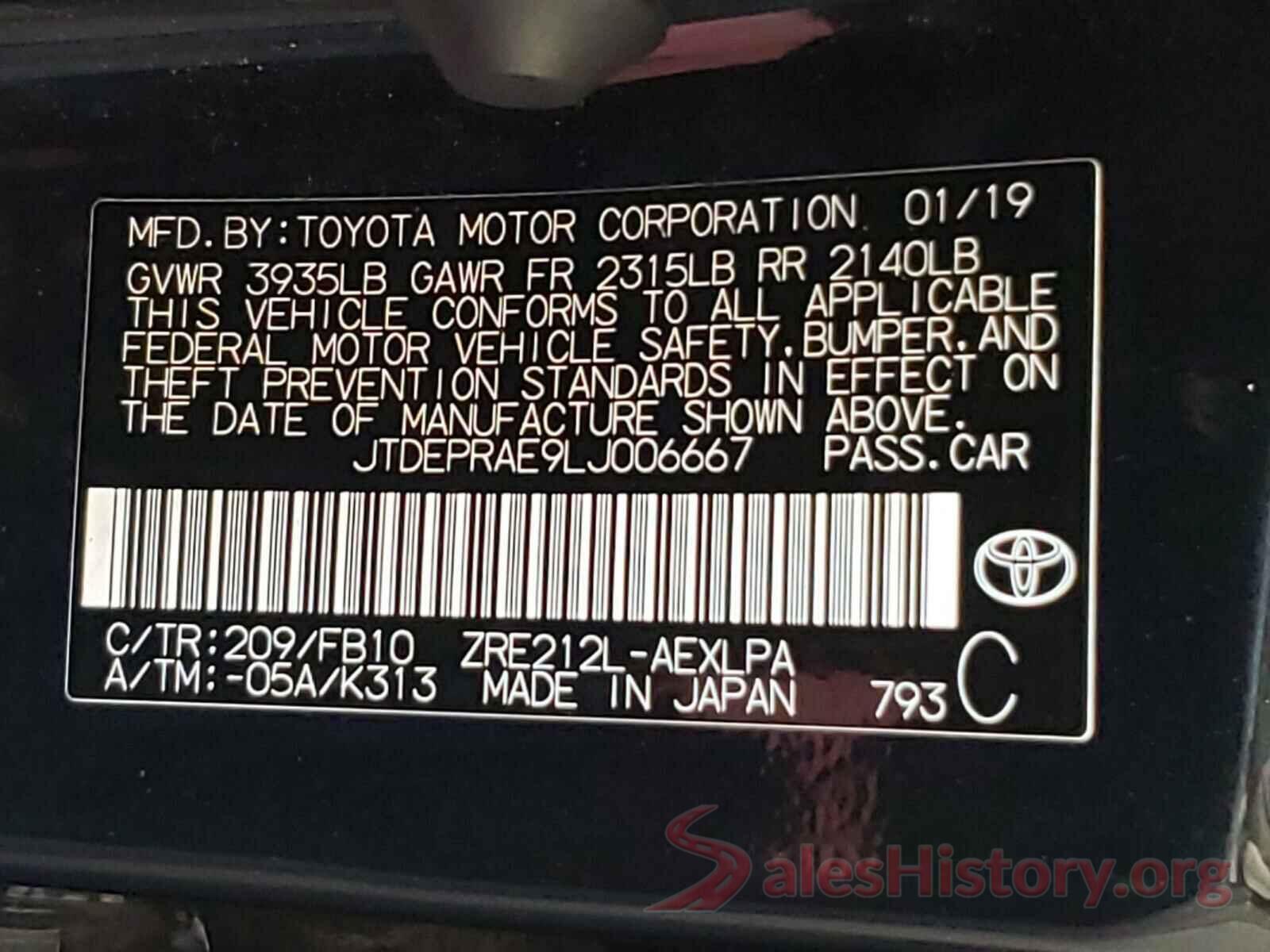 JTDEPRAE9LJ006667 2020 TOYOTA COROLLA