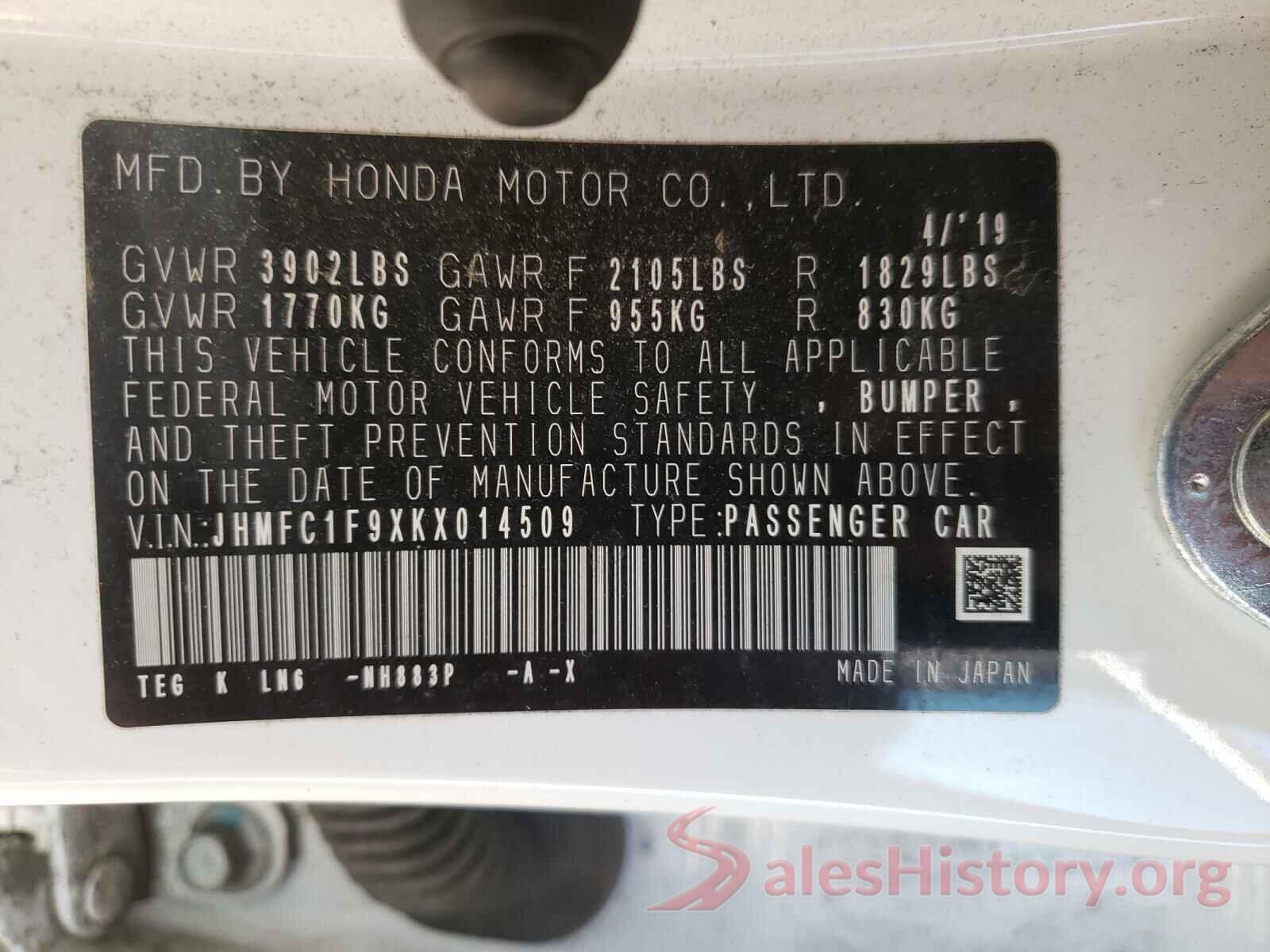 JHMFC1F9XKX014509 2019 HONDA CIVIC