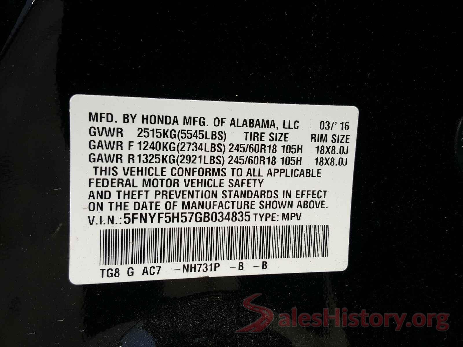 5FNYF5H57GB034835 2016 HONDA PILOT