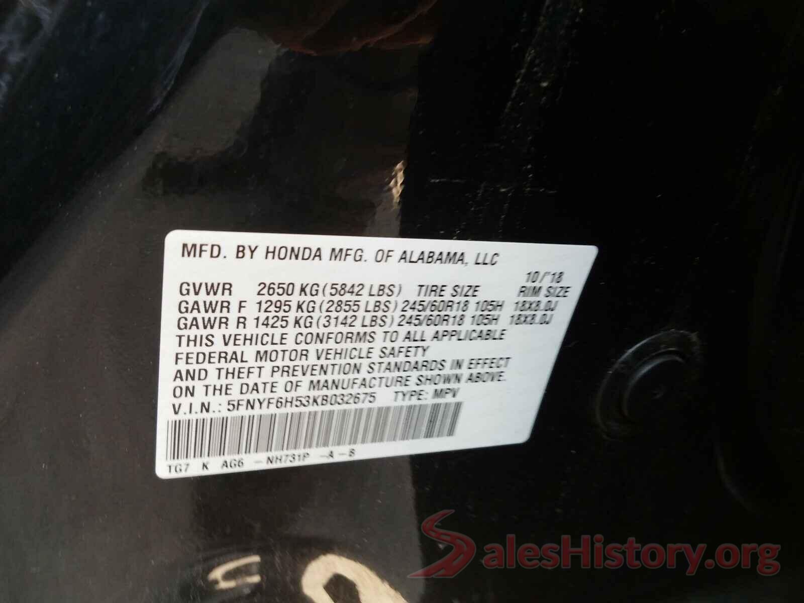 5FNYF6H53KB032675 2019 HONDA PILOT