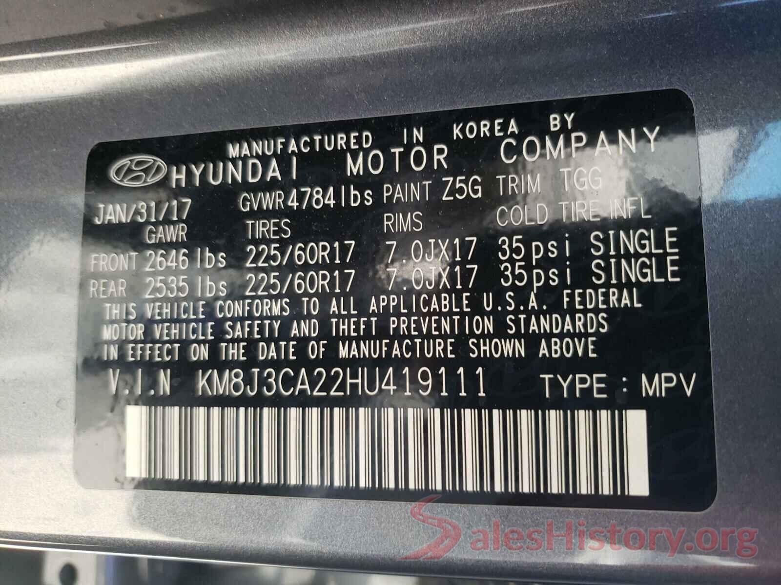 KM8J3CA22HU419111 2017 HYUNDAI TUCSON