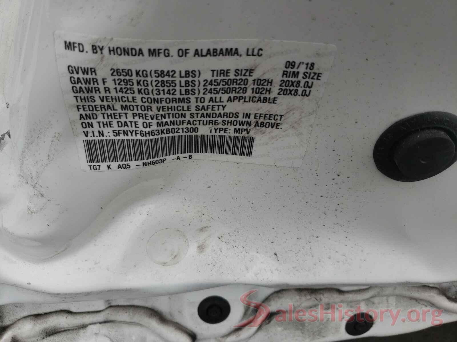 5FNYF6H63KB021300 2019 HONDA PILOT