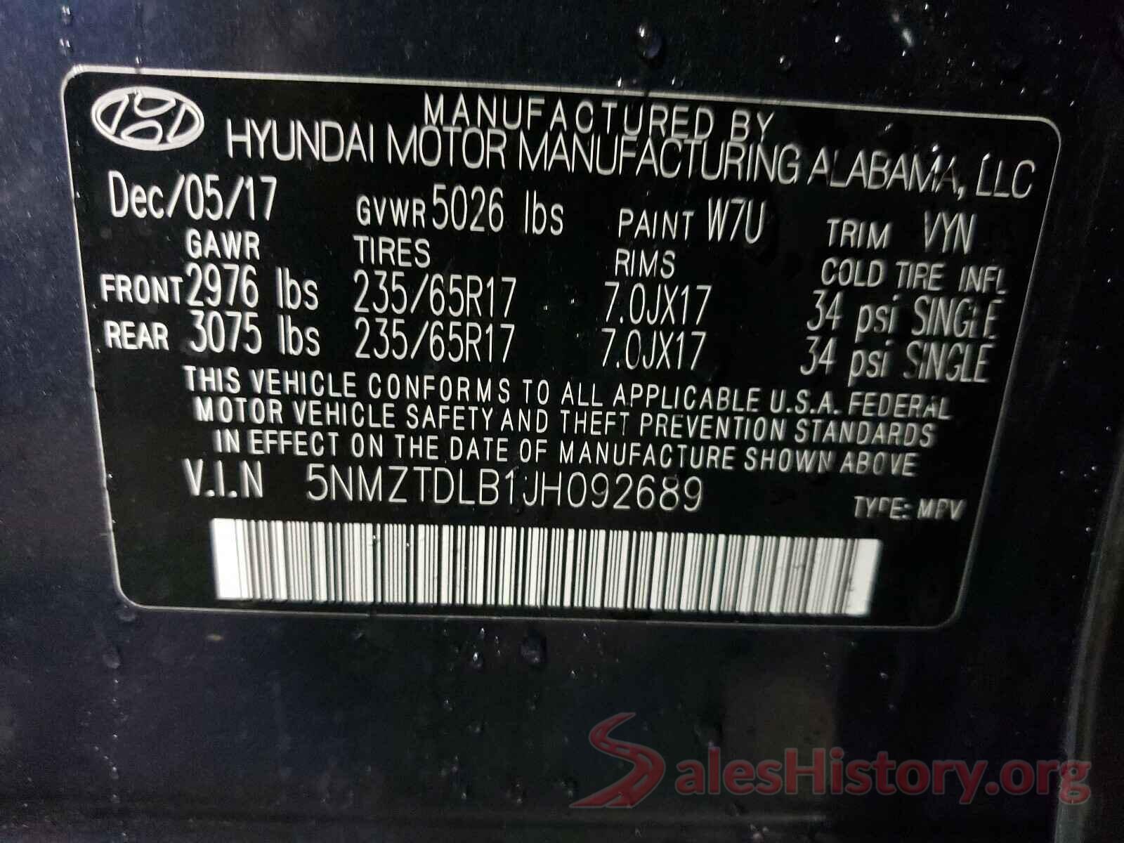 5NMZTDLB1JH092689 2018 HYUNDAI SANTA FE