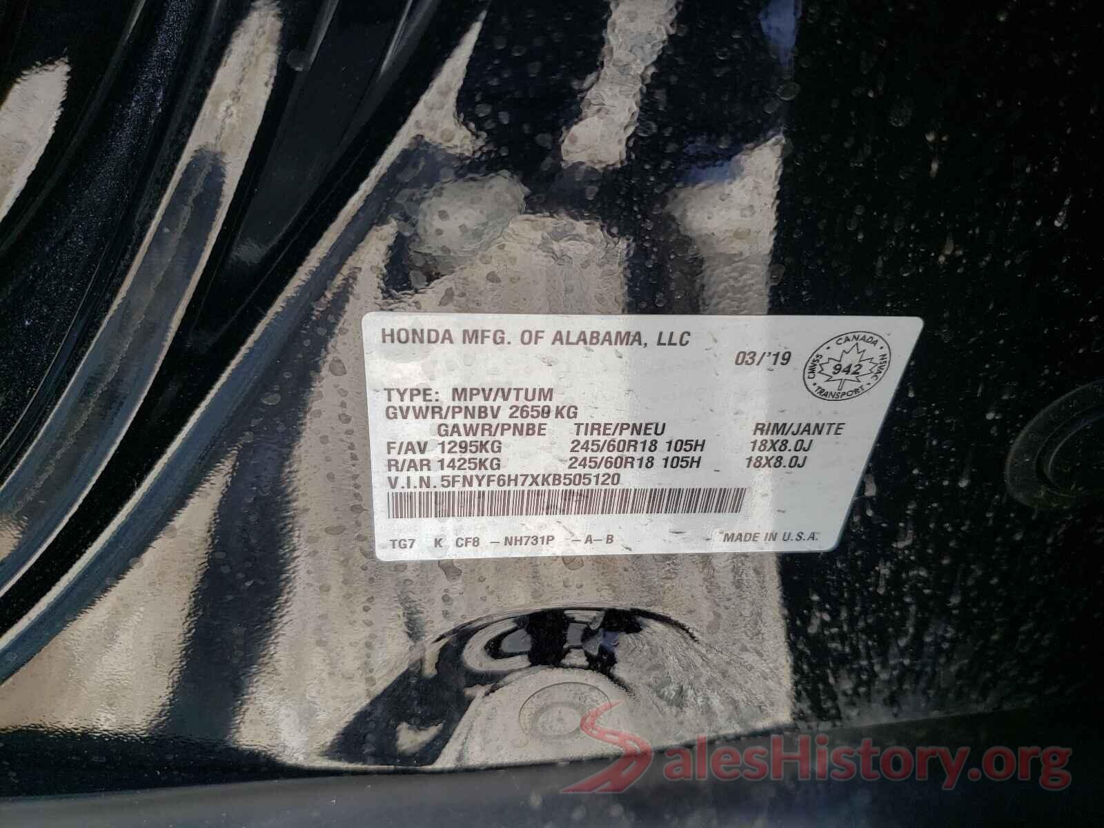 5FNYF6H7XKB505120 2019 HONDA PILOT