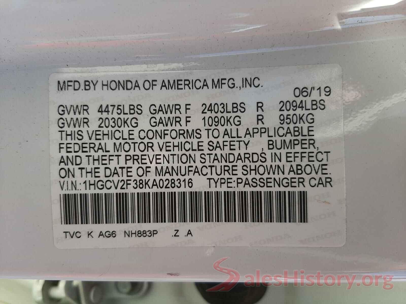 1HGCV2F38KA028316 2019 HONDA ACCORD