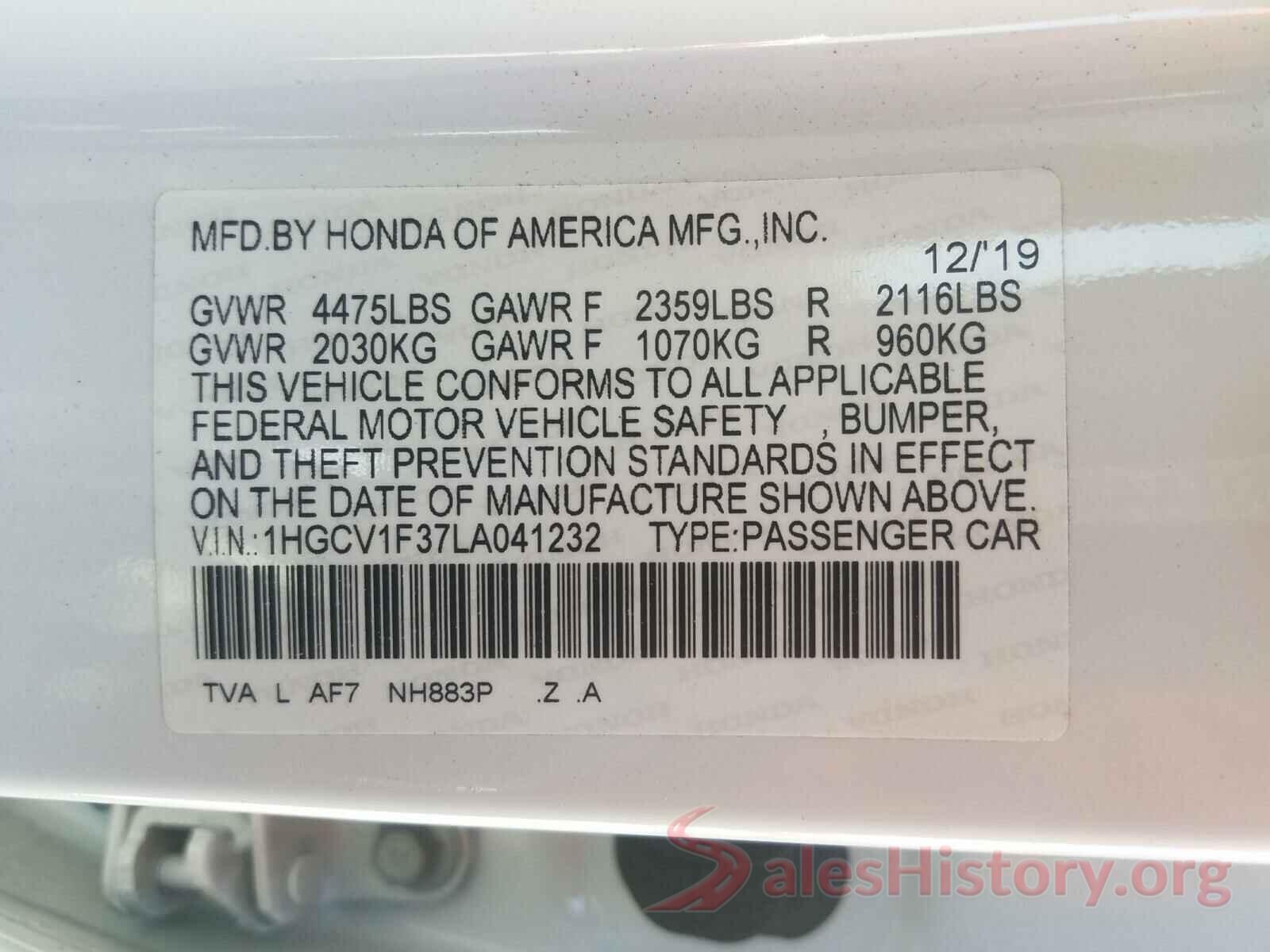 1HGCV1F37LA041232 2020 HONDA ACCORD