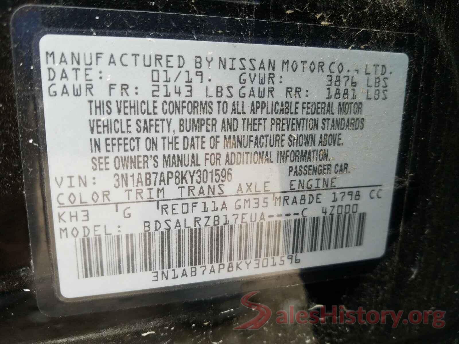 3N1AB7AP8KY301596 2019 NISSAN SENTRA