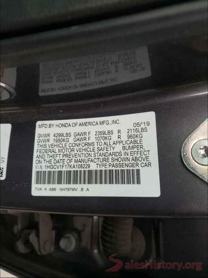 1HGCV1F17KA108229 2019 HONDA ACCORD