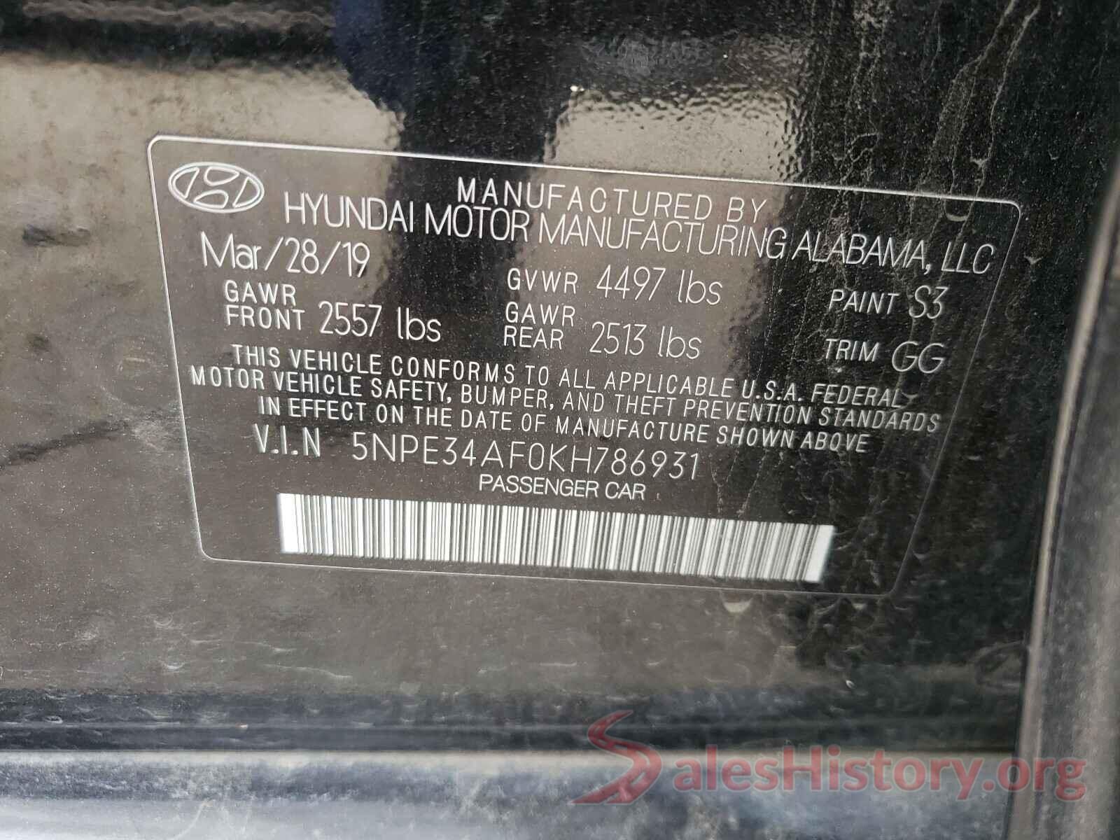 5NPE34AF0KH786931 2019 HYUNDAI SONATA