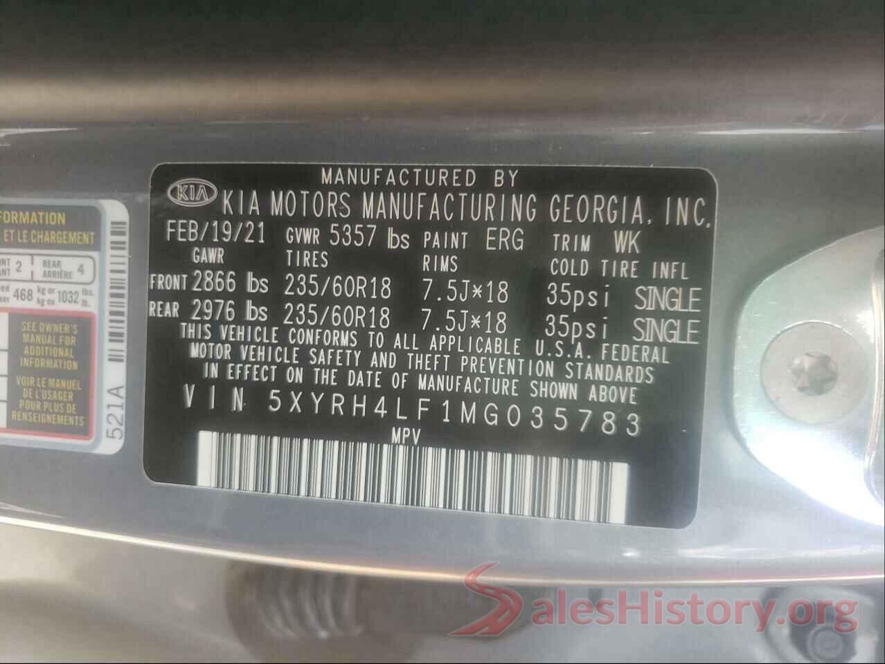 5XYRH4LF1MG035783 2021 KIA SORENTO