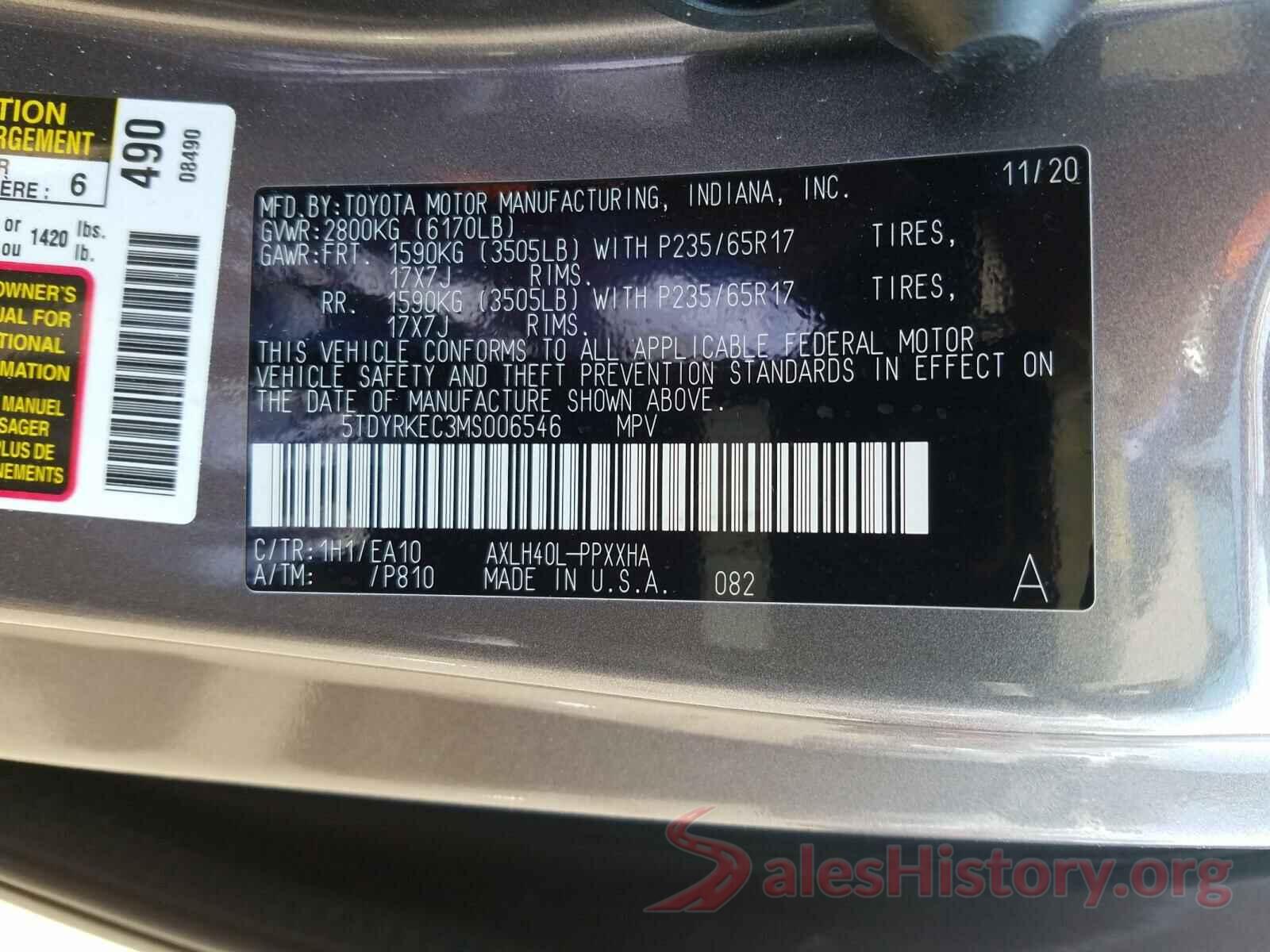 5TDYRKEC3MS006546 2021 TOYOTA SIENNA