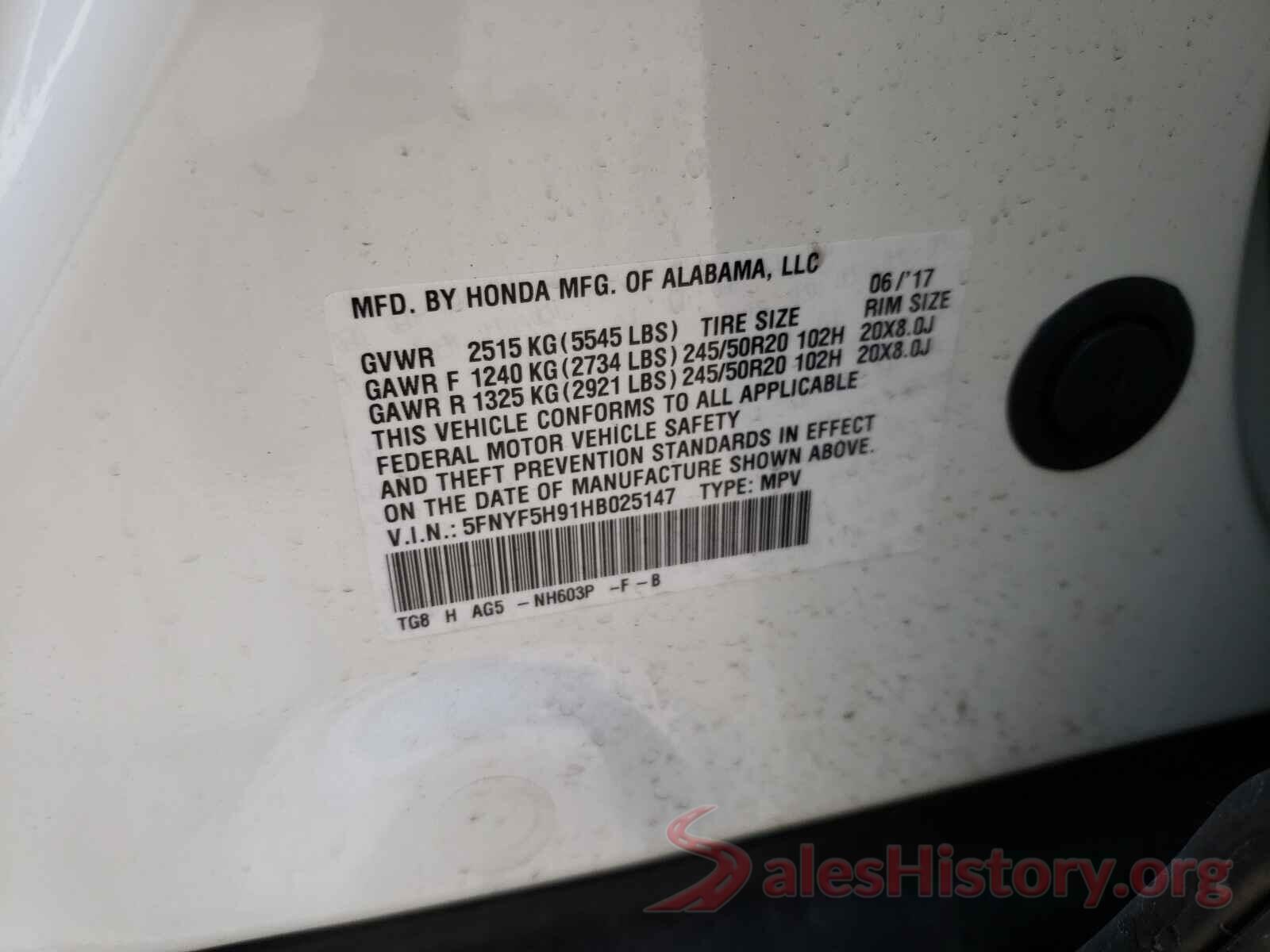 5FNYF5H91HB025147 2017 HONDA PILOT