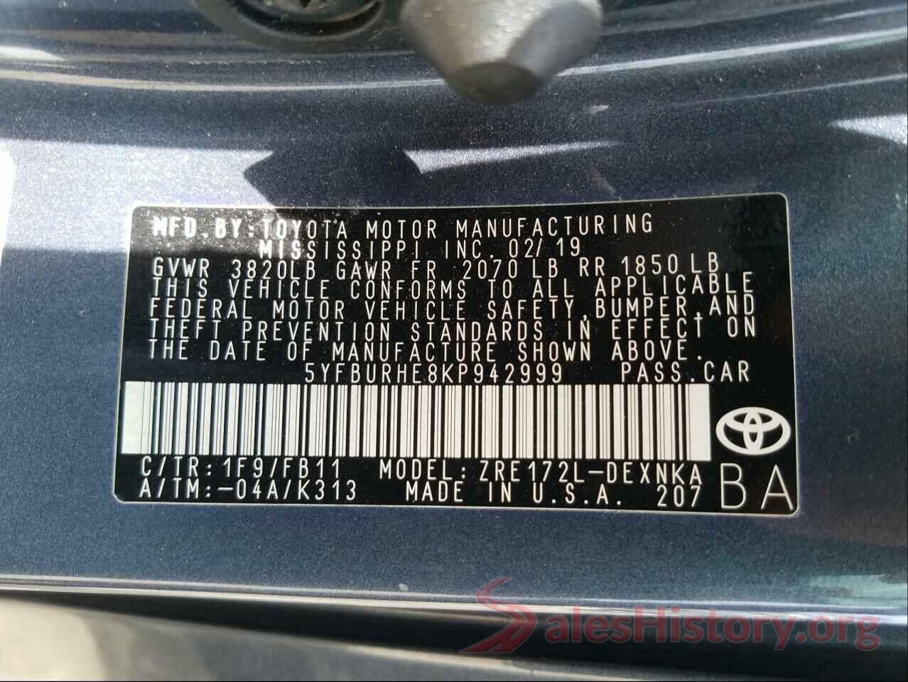 5YFBURHE8KP942999 2019 TOYOTA COROLLA