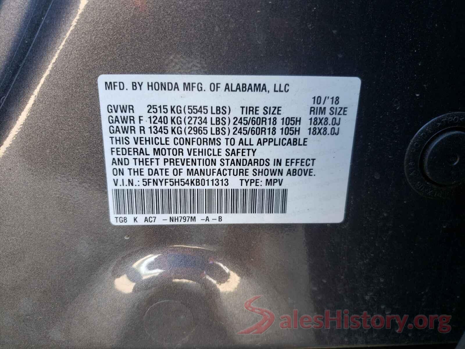 5FNYF5H54KB011313 2019 HONDA PILOT