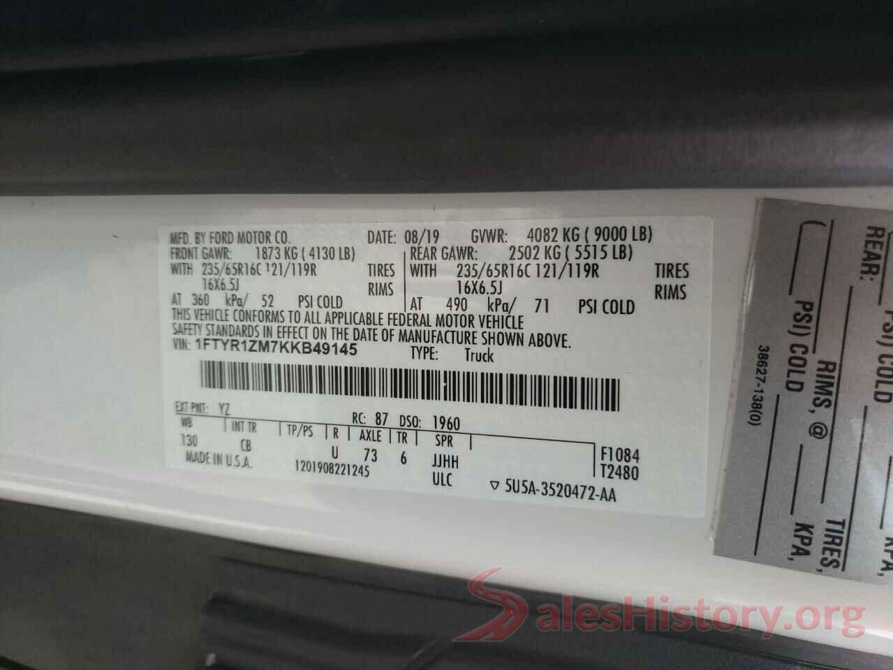 1FTYR1ZM7KKB49145 2019 FORD TRANSIT CO