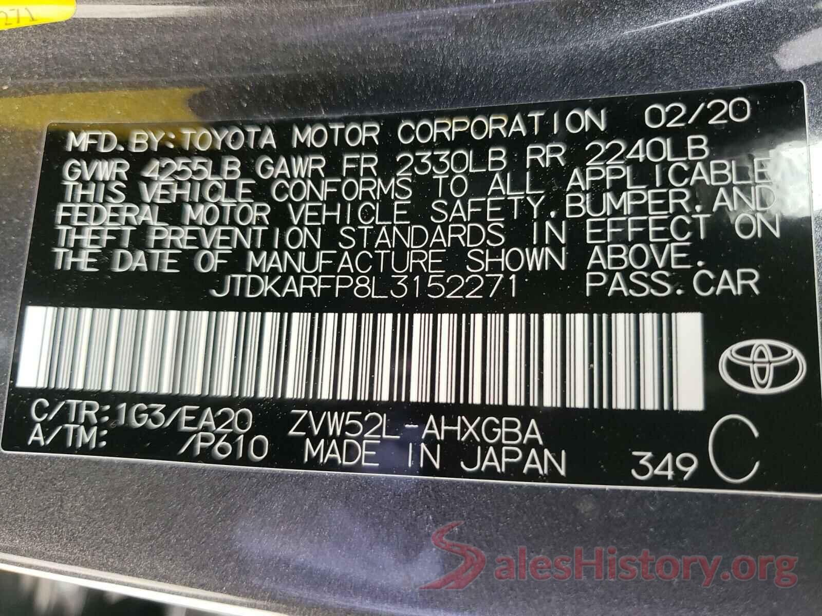 JTDKARFP8L3152271 2020 TOYOTA PRIUS