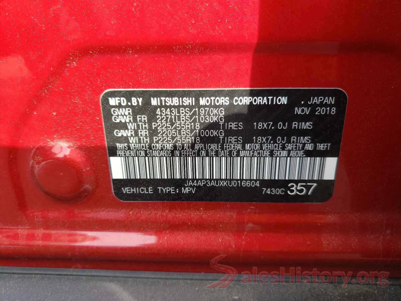 JA4AP3AUXKU016604 2019 MITSUBISHI OUTLANDER