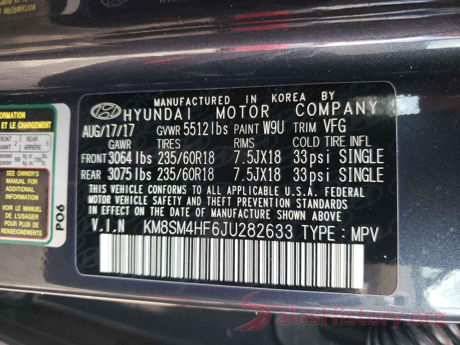 KM8SM4HF6JU282633 2018 HYUNDAI SANTA FE