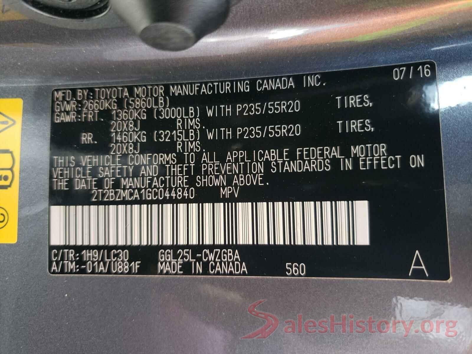 2T2BZMCA1GC044840 2016 LEXUS RX350