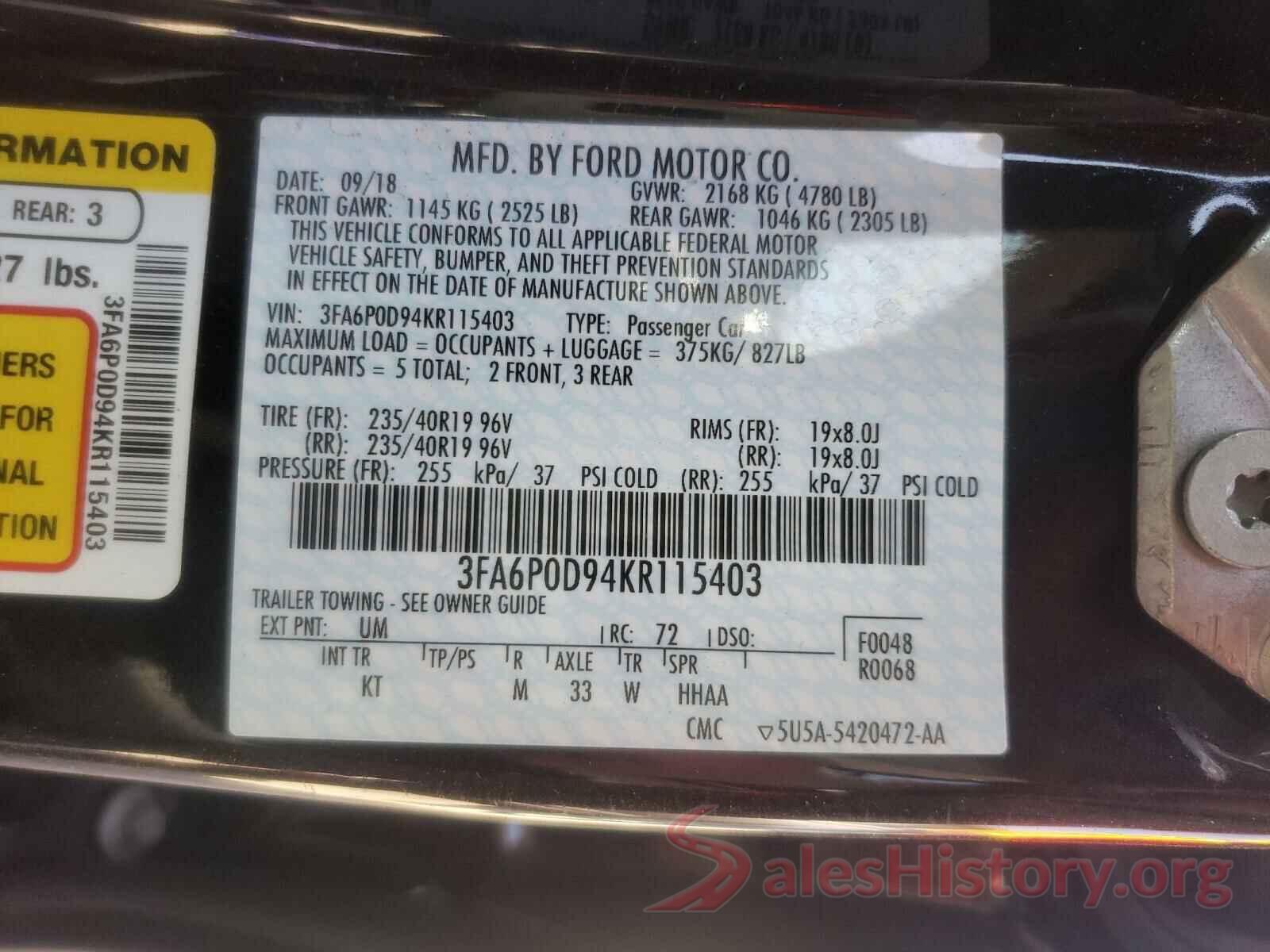 3FA6P0D94KR115403 2019 FORD FUSION